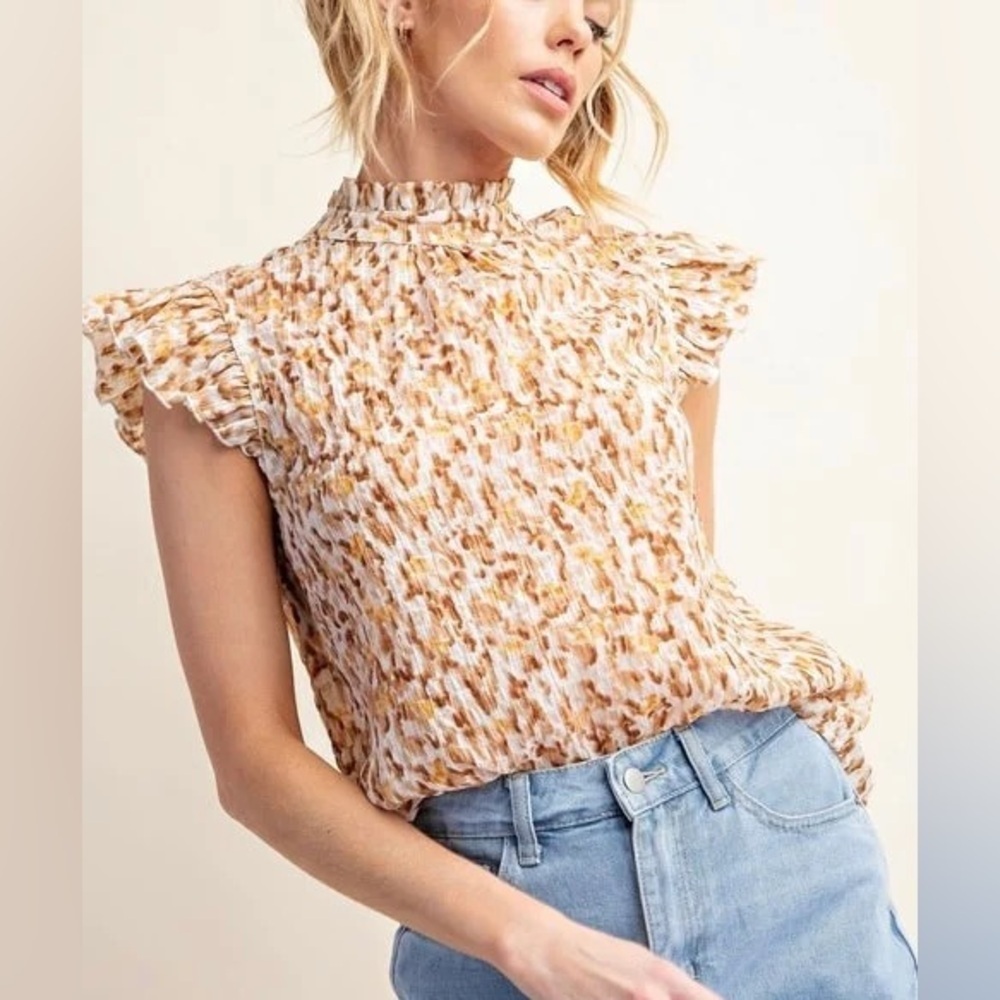 Voy High Neck Ruffled Sleeve Top Multicolor